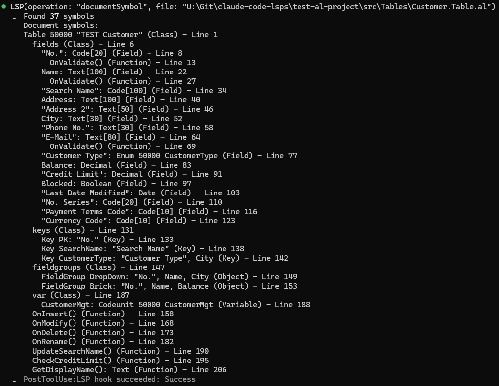 AL Language Server document symbols output in Claude Code