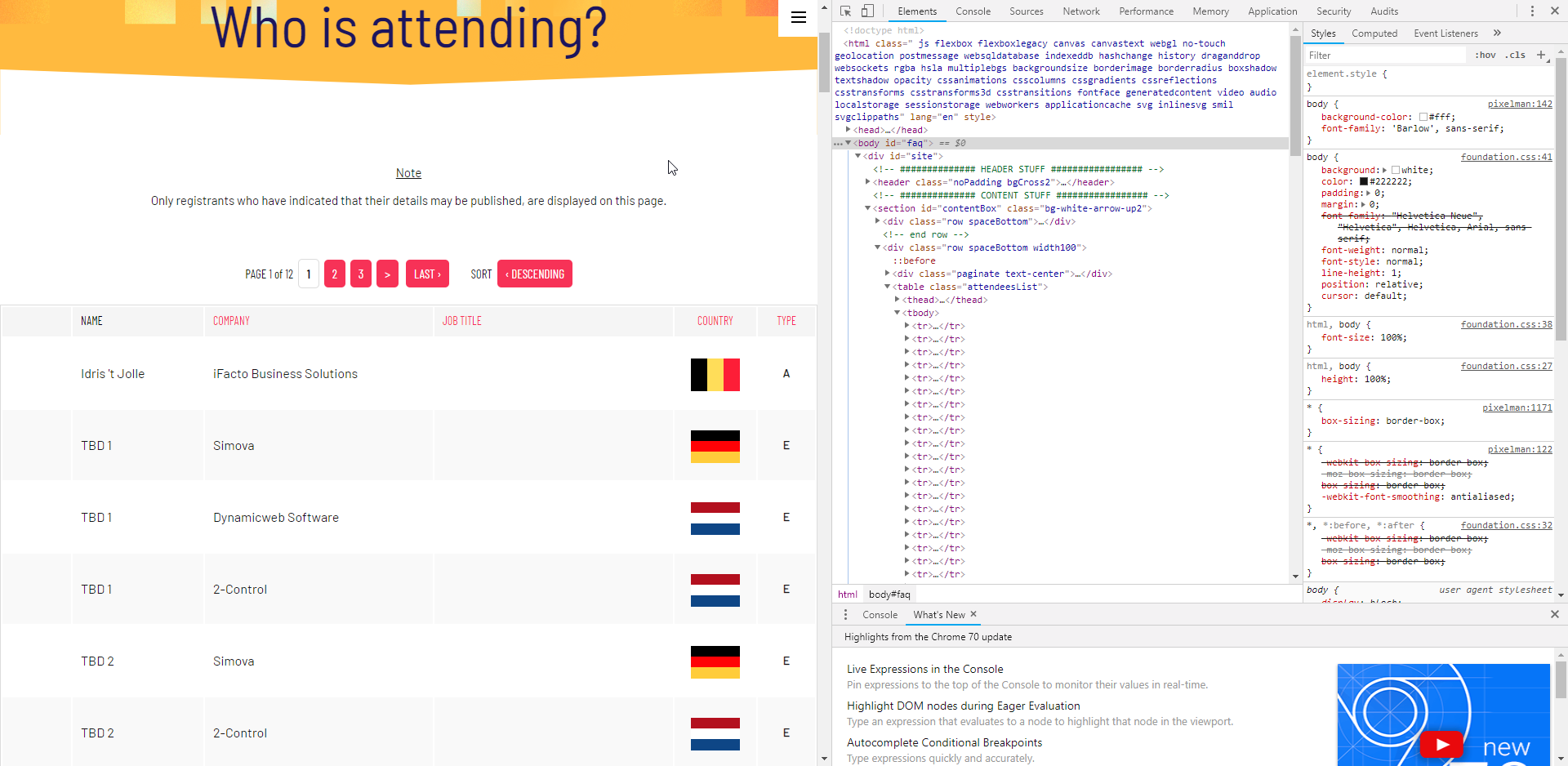 Chrome Developer Tools showing attendee table rows in HTML