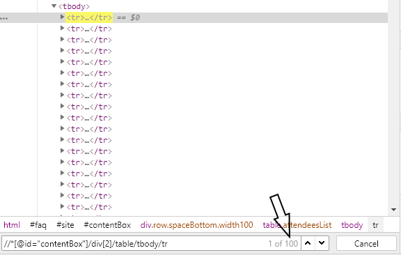 Chrome search validating XPath selector showing 100 matching nodes