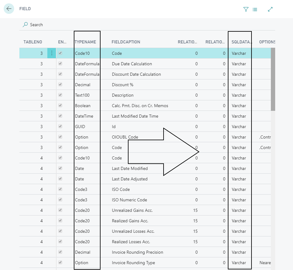 API response showing all fields with SQLDataType incorrectly set to Varchar