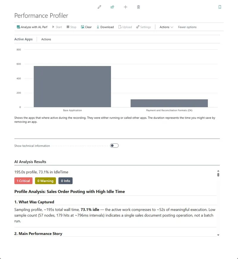 The Performance Profiler page in Business Central with the "Analyze with AL Perf" button and AI Analysis Results displayed inline