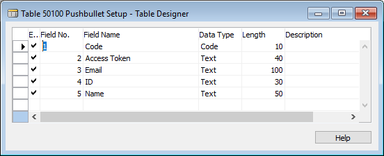 Pushbullet Setup table design in C/SIDE