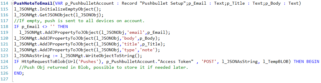 PushNoteToEmail function building JSON and calling Pushbullet API